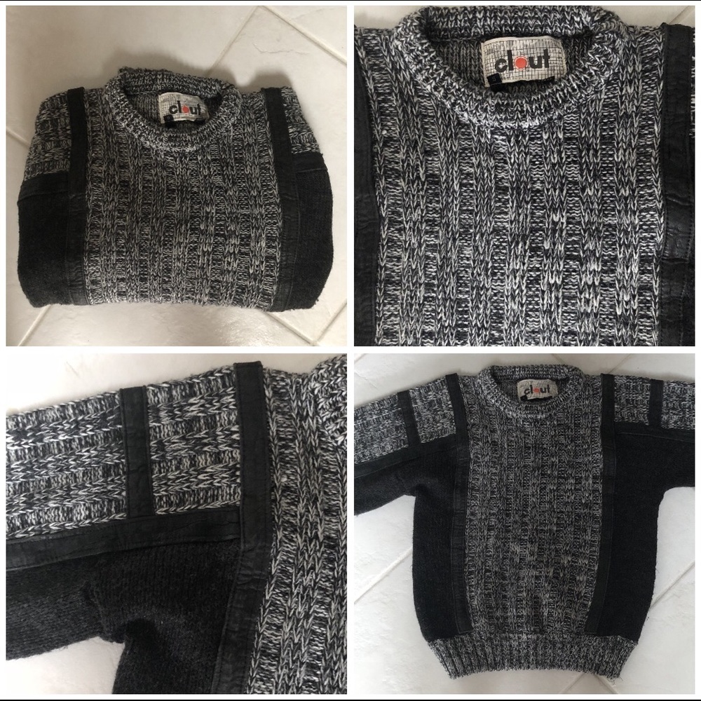 MENS BLACK LEATHER TRIM HEAVY FABRIC B&W SWEATER